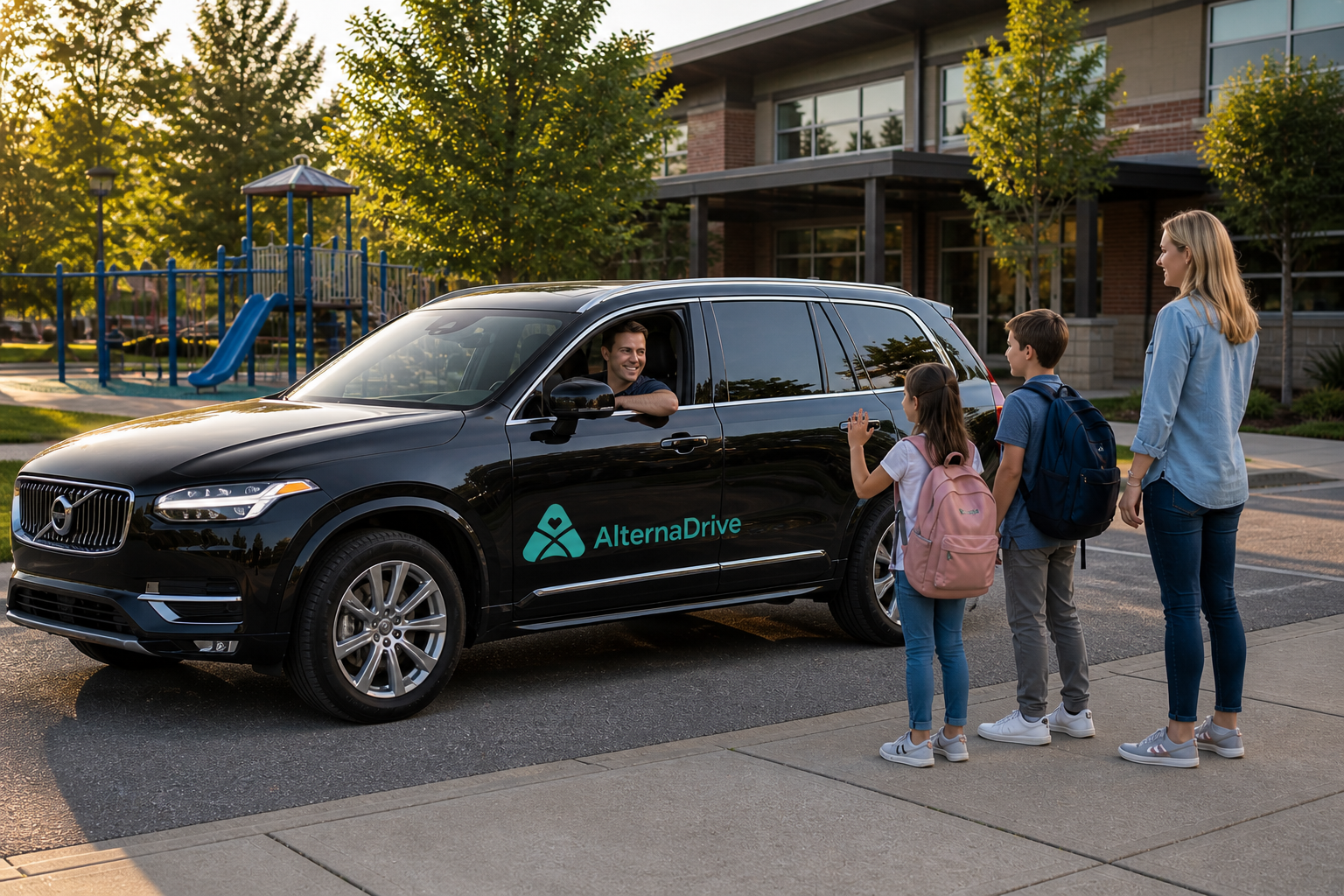 An AlternaDrive driver greeting students and a guardian at a school pickup zone
