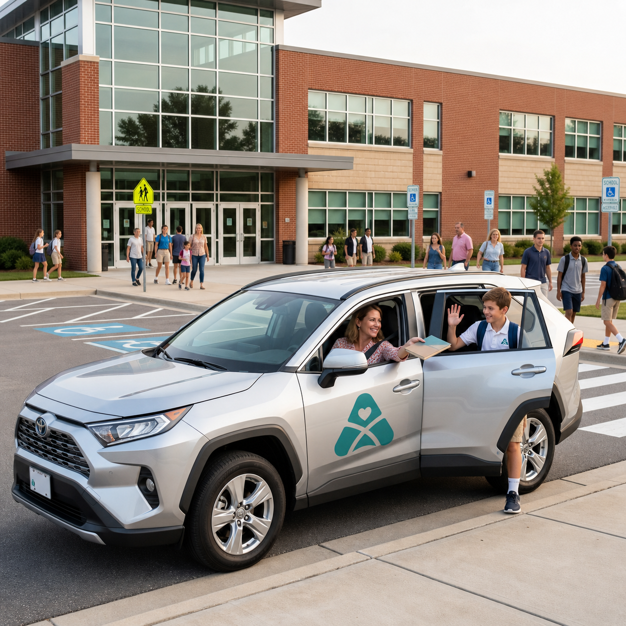 AlternaDrive vehicle picking up a student at school with a guardian waving goodbye